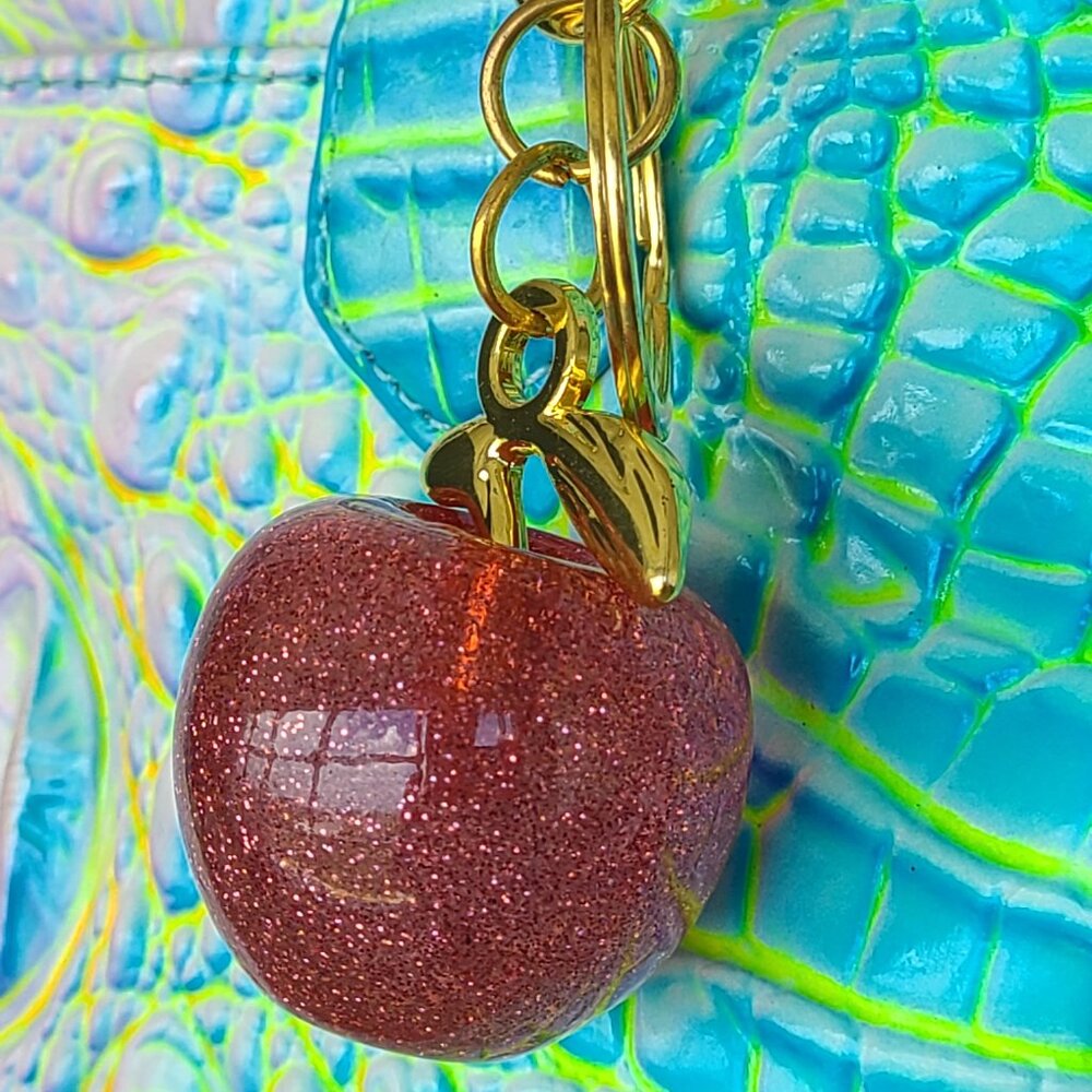 Red OR Pink Apple Purse Charm and Key Ring Gold Tone Hardware - Picture 5 of 11